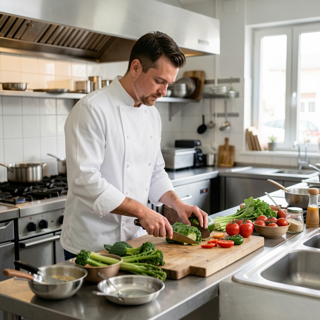 Osnivač i head chef restorana Croatiopia Zagreb u kuhinji, u bijelom kuhačkom odijelu, inspicira svježe sastojke na radnom pultu