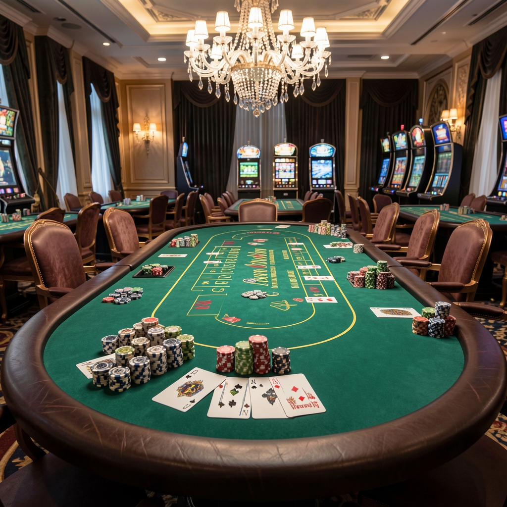 Baccarat stol s premium kartama na zelenom baize filcu, kristalni žetoni i elegantna rasvjeta u premium casino sobi