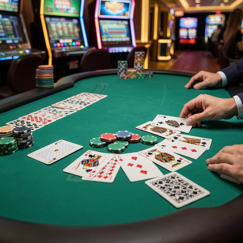 Blackjack stol s kartama raspoređenim na zelenoj podlozi, kupčevi osi i dealer ace karta vidljiva u Vegas stilu