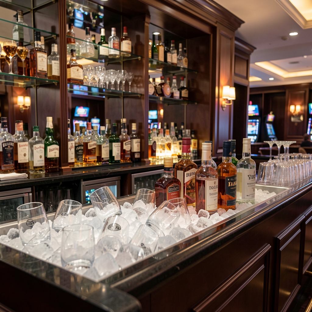 Elegantni bar u casino prostoru s ledom ispunjenim čašama, premium bocama alkohola i odrazom ambijentalnih svjetla u staklu