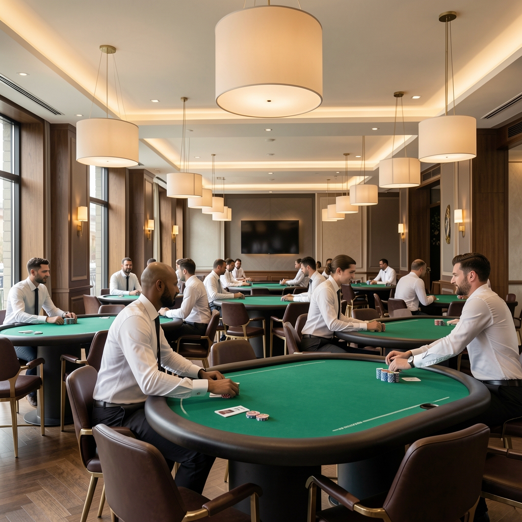 Moderni casino prostor s poker stolovima presvučenim zelenim filcom, elegantnim rasvjetnim tijelima na stropu i profesionalnim djelatnicima u bijelim košuljama