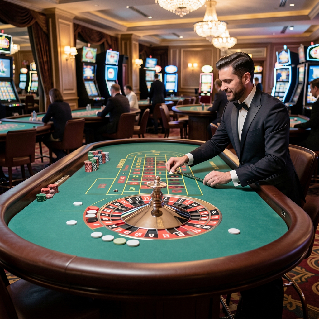 Profesionalni rulet stol u Croatiopia casino prostoru s crvenim i crnim kazetama, bijelim žetoni na zelenom filcu i krupijeom u tamnom odijelu