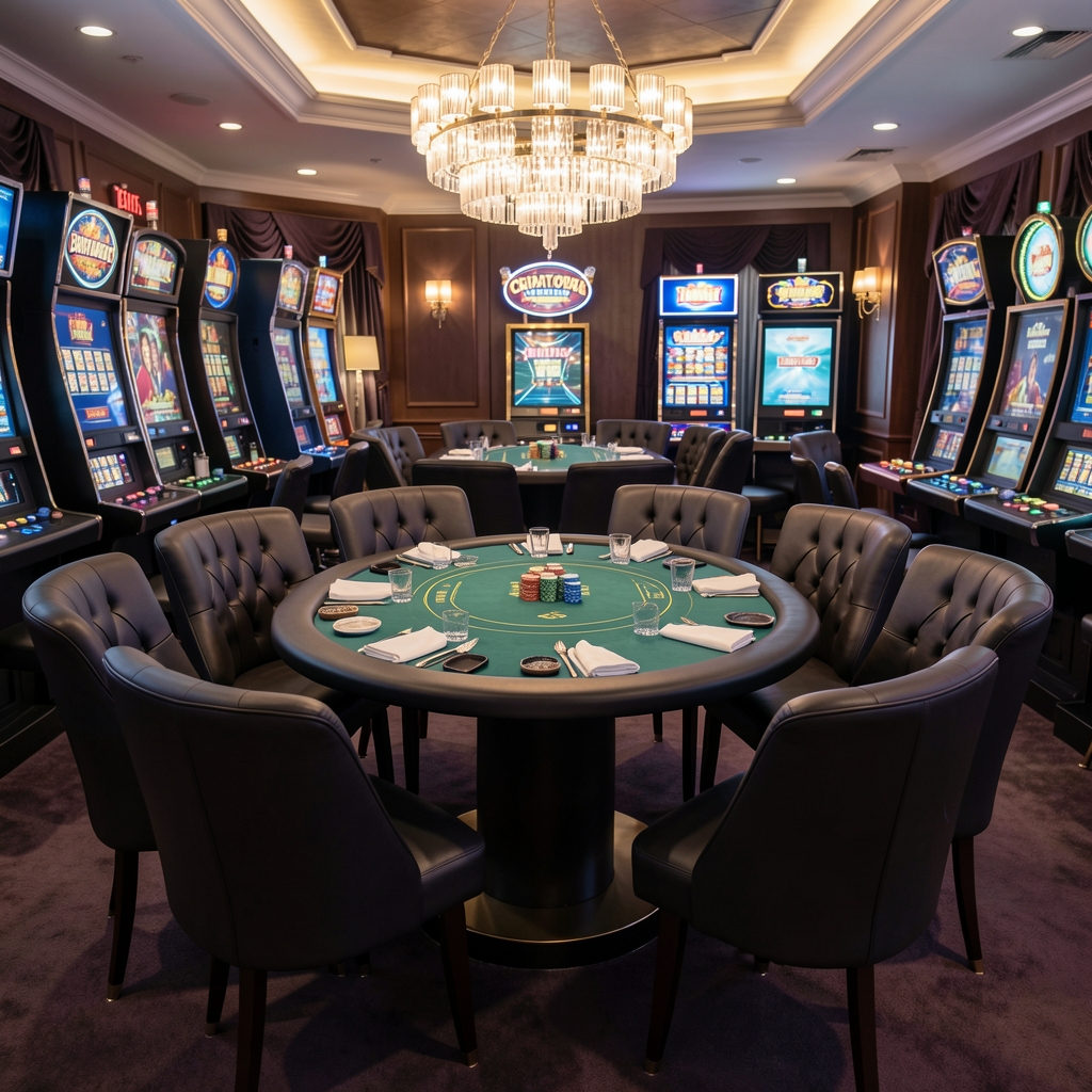 VIP soba casino Croatiopia s tamnim kožnim stolicama, poker stolom i disketnom rasvjetom za ekskluzivne goste