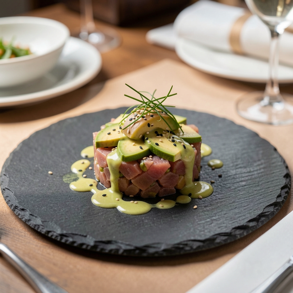 Elegantno serviran tuna tartar s avokadom, sezamom i limunskim dresingom na tamnom kamenom tanjuru, restoran fine dining prezentacija