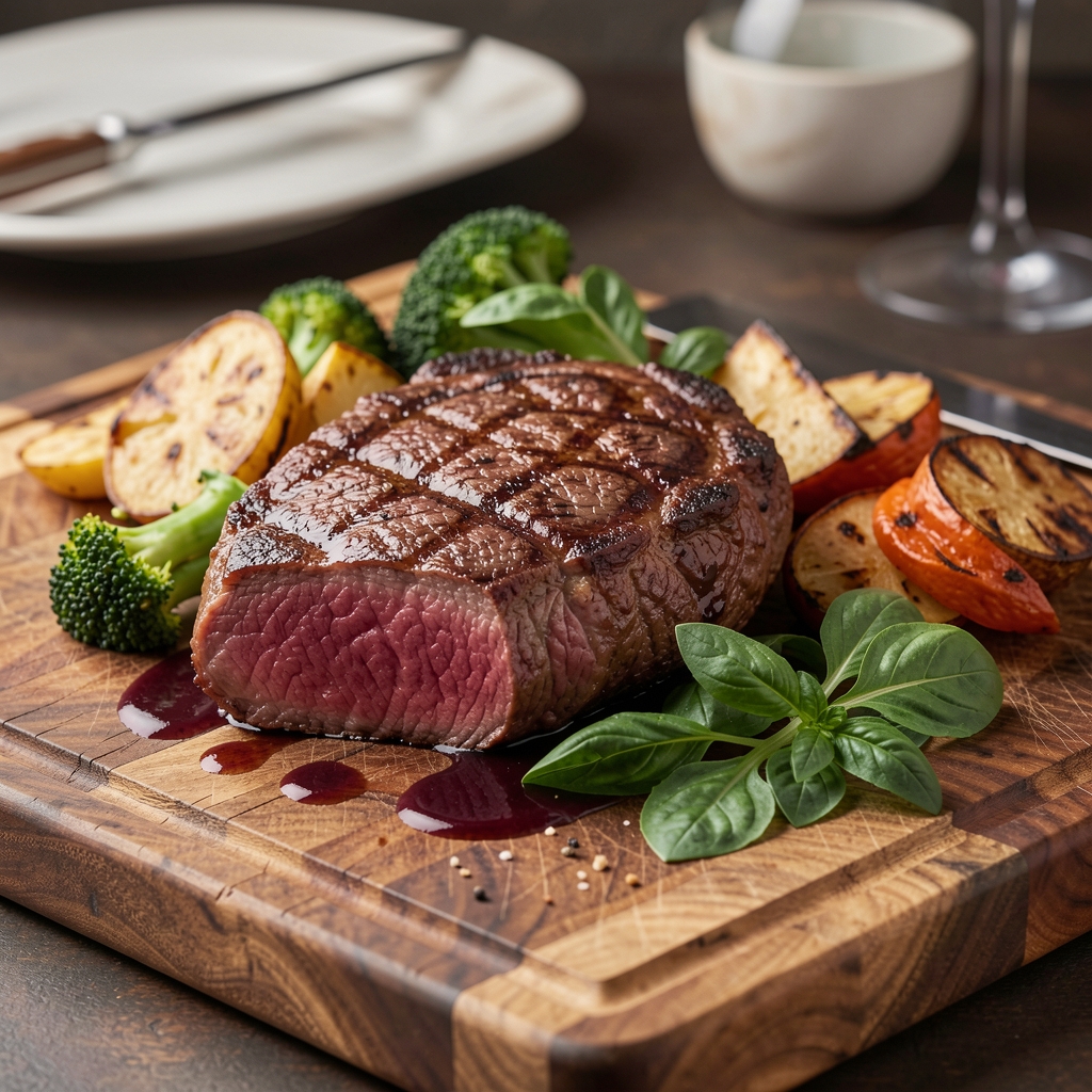 Wagyu entrecôte srednje pečen na drvenom dasci za rezanje s pečenim povrćem, umakom od crvenog vina i svježim rukolom