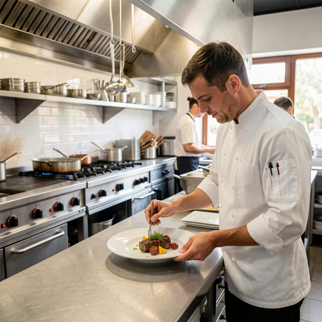 Kuhinja restorana Croatiopia s profesionalnim kuhačem koji priprema fine dining jelo na modernoj industrijskoj opremi