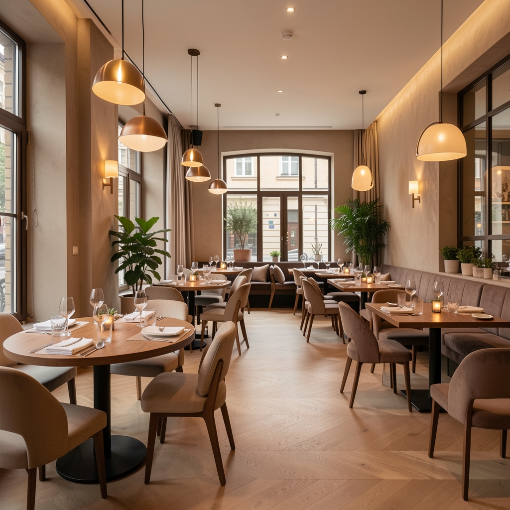 Elegantna unutrašnjost restorana Croatiopia u Zagrebu s toplo osvijetljenim stolovima, modernim dizajnom i ugodnom atmosferom za fine dining