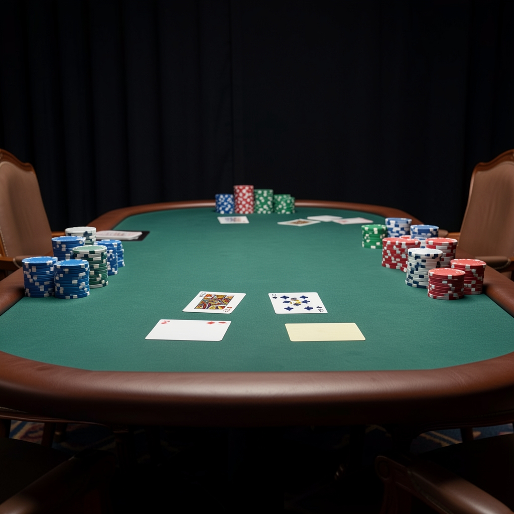 Poker stol s razdijeljenim kartama i žetonima u plavoj i crvenoj boji u elegantnom casino okruženju s tamnom pozadinom