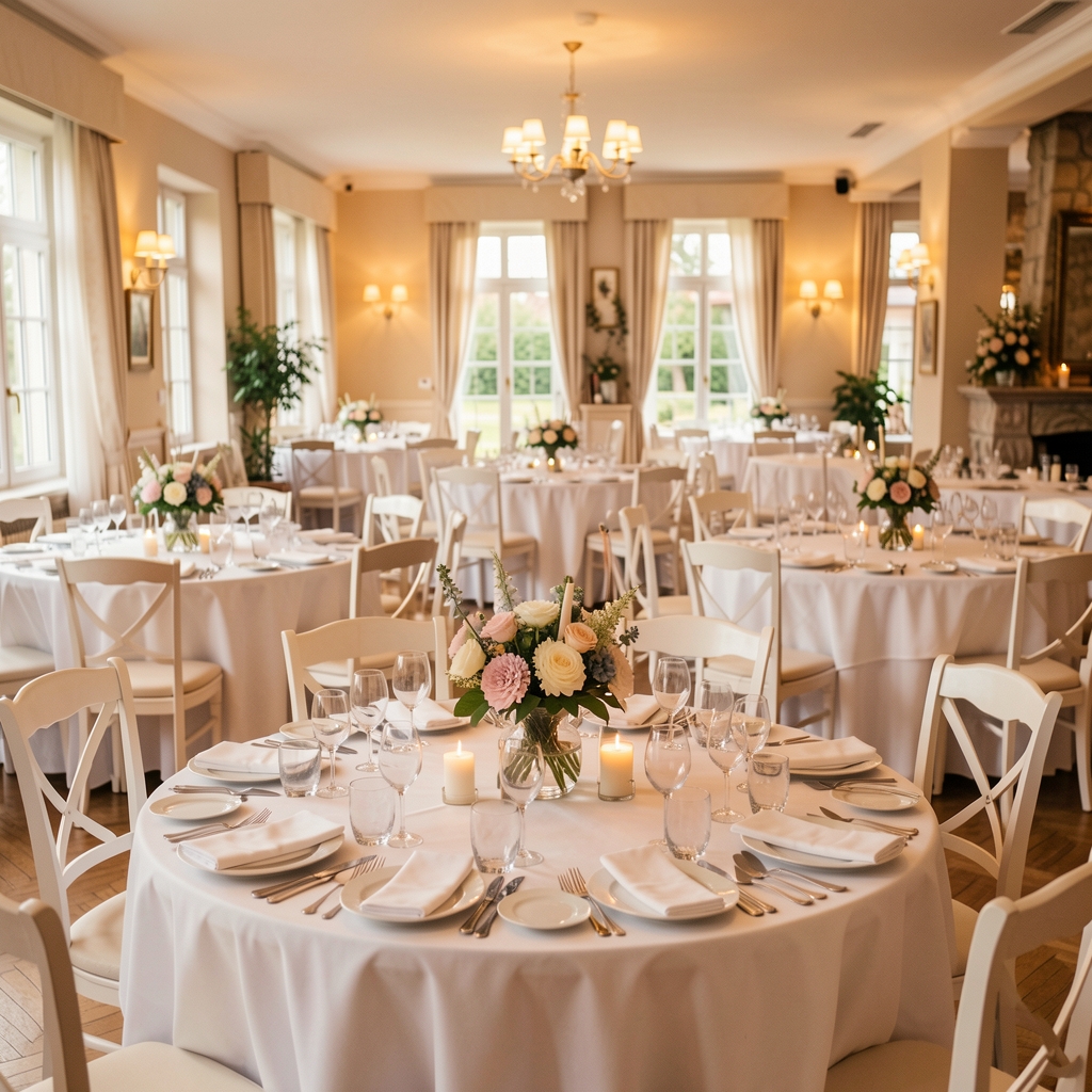 Privatna event dvorana restorana Croatiopia s okruglim stolovima, bijelim stolnjacima, cvjetnim aranžmanima i toplim ambijentalnim osvjetljenjem za svečanu prigodu