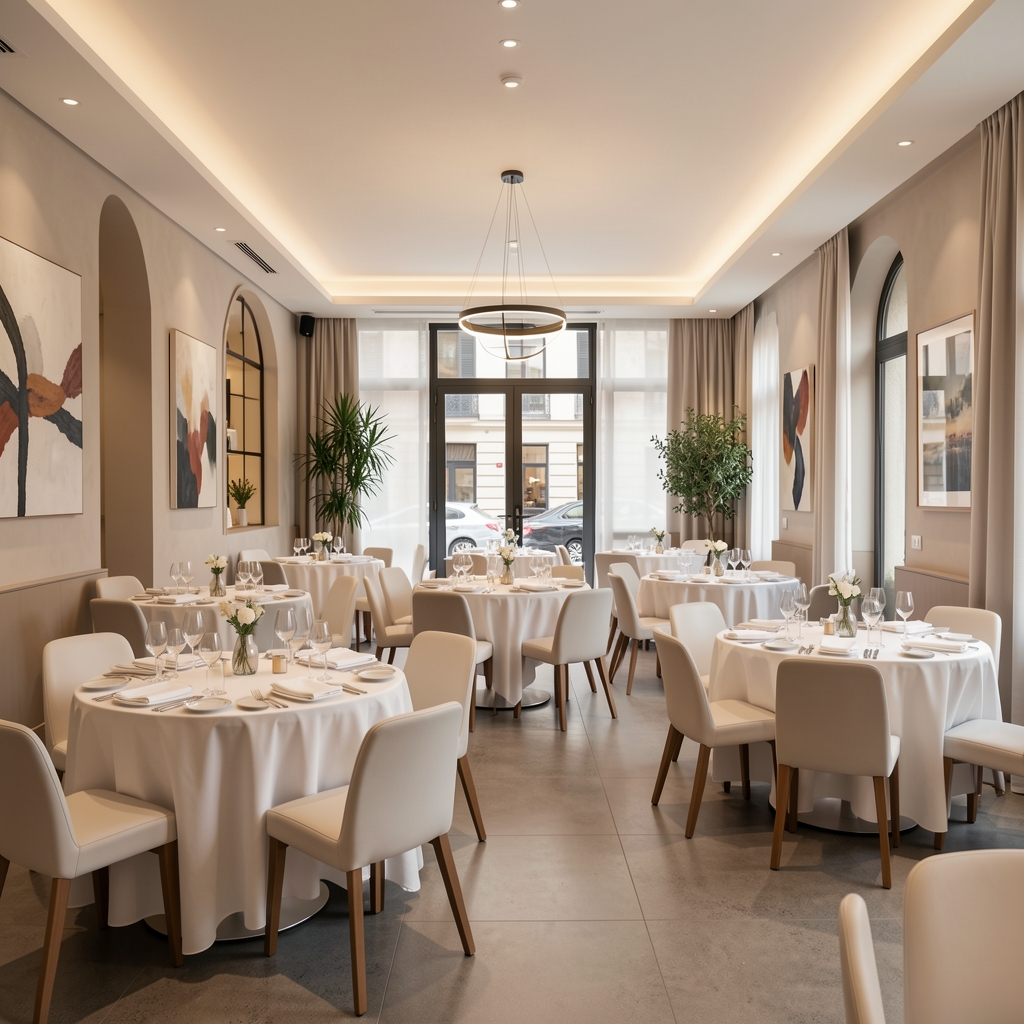Elegantno uređena dvorana restorana Croatiopia s okruglim stolovima, bijelim stolnjacima, nježnim ambijentalnim osvjetljenjem i modernom unutrašnjom dekoracijom