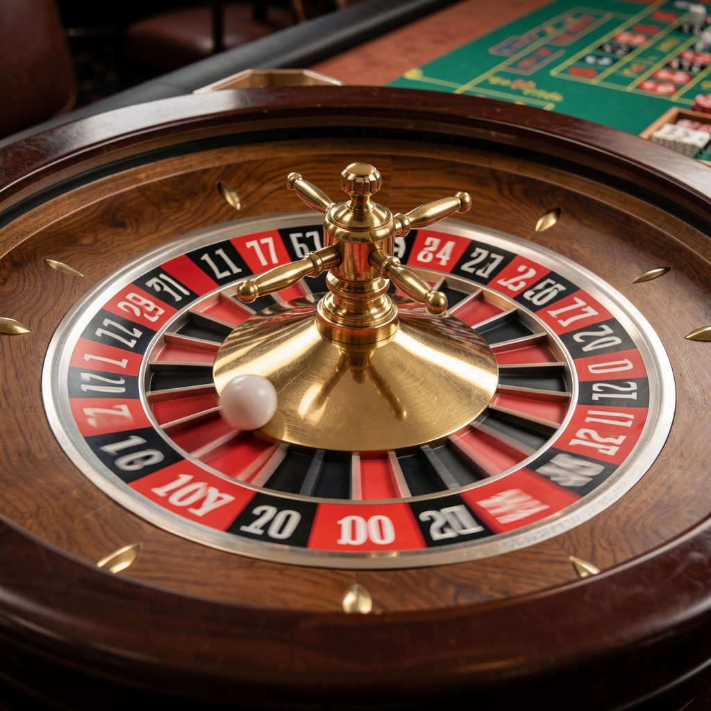 Europski rulet kotač u pokretu s bijelom kuglom koja se vrti po crvenoj i crnoj sekciji, profesionalni casino stol