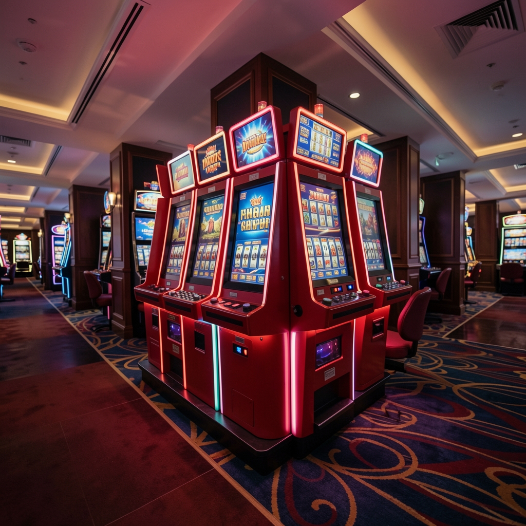 Red modernih casino slot aparata s šarenim zaslonima i LED osvjetljenjem u tamno osvijetljenom casino hodniku