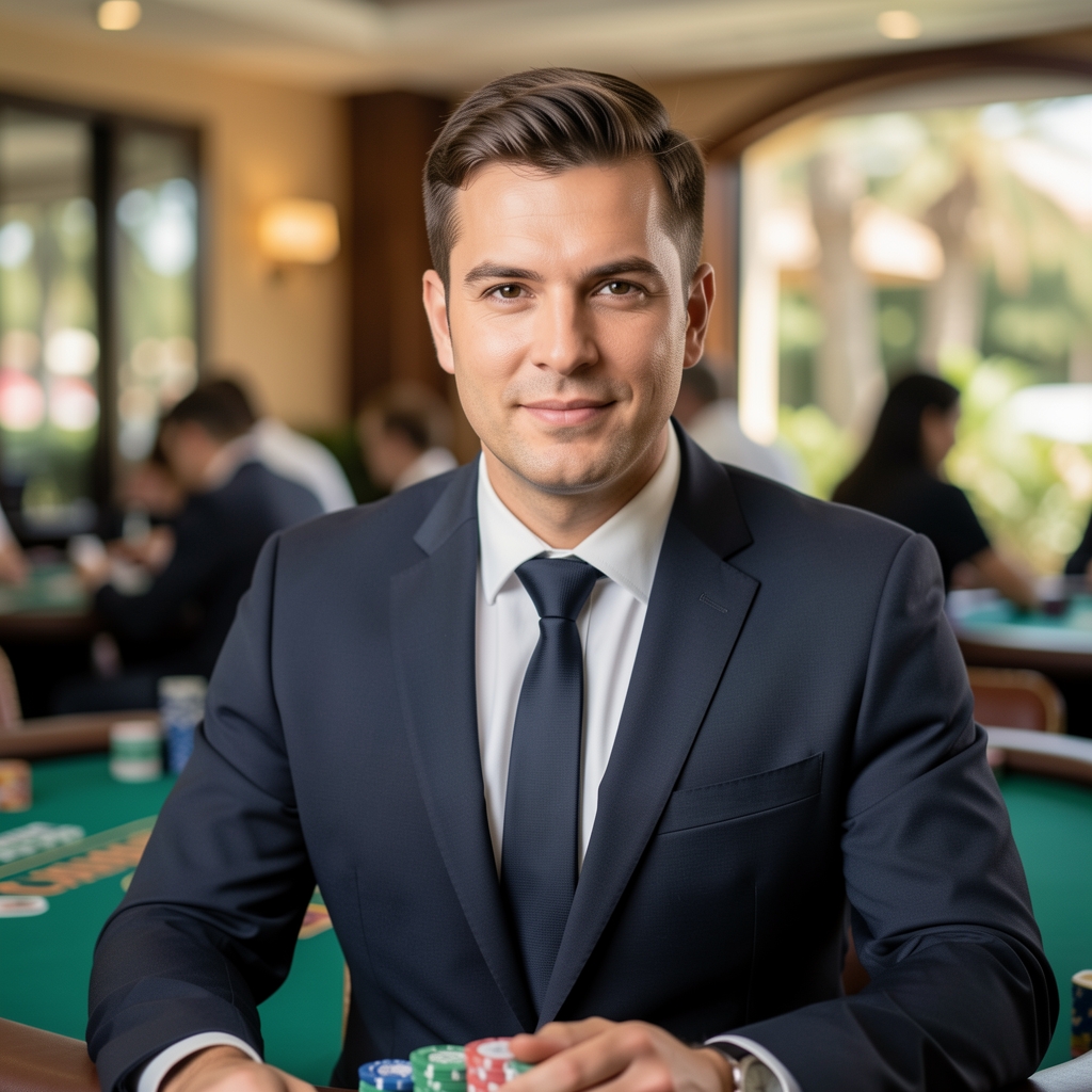 Casino menadžer u tamnom odijelu ispred poker stola u Croatiopia casino prostoru, profesionalna atmosfera