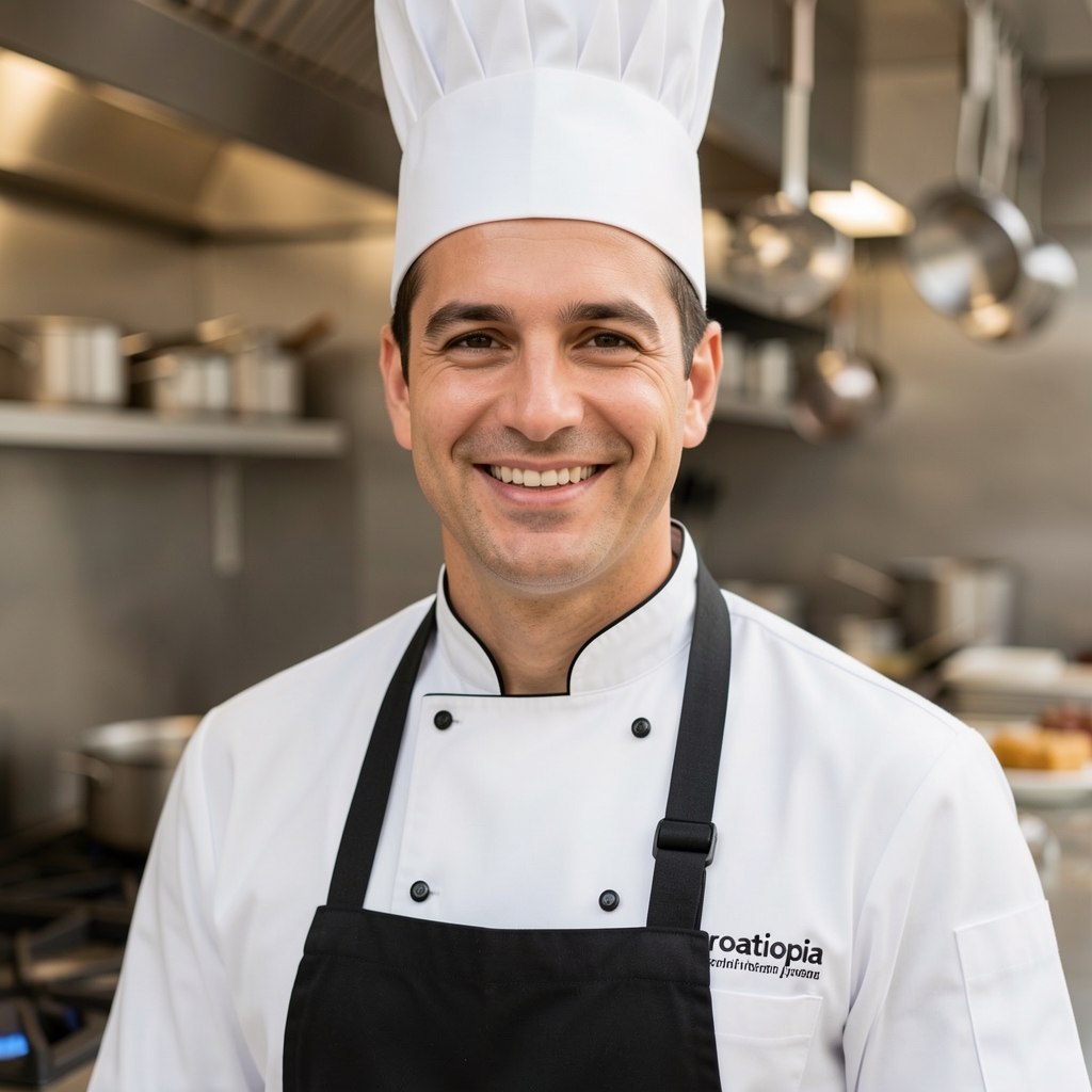 Head chef Croatiopia u bijeloj uniformi s crnom pregačom, nasmijan u modernoj profesionalnoj kuhinji