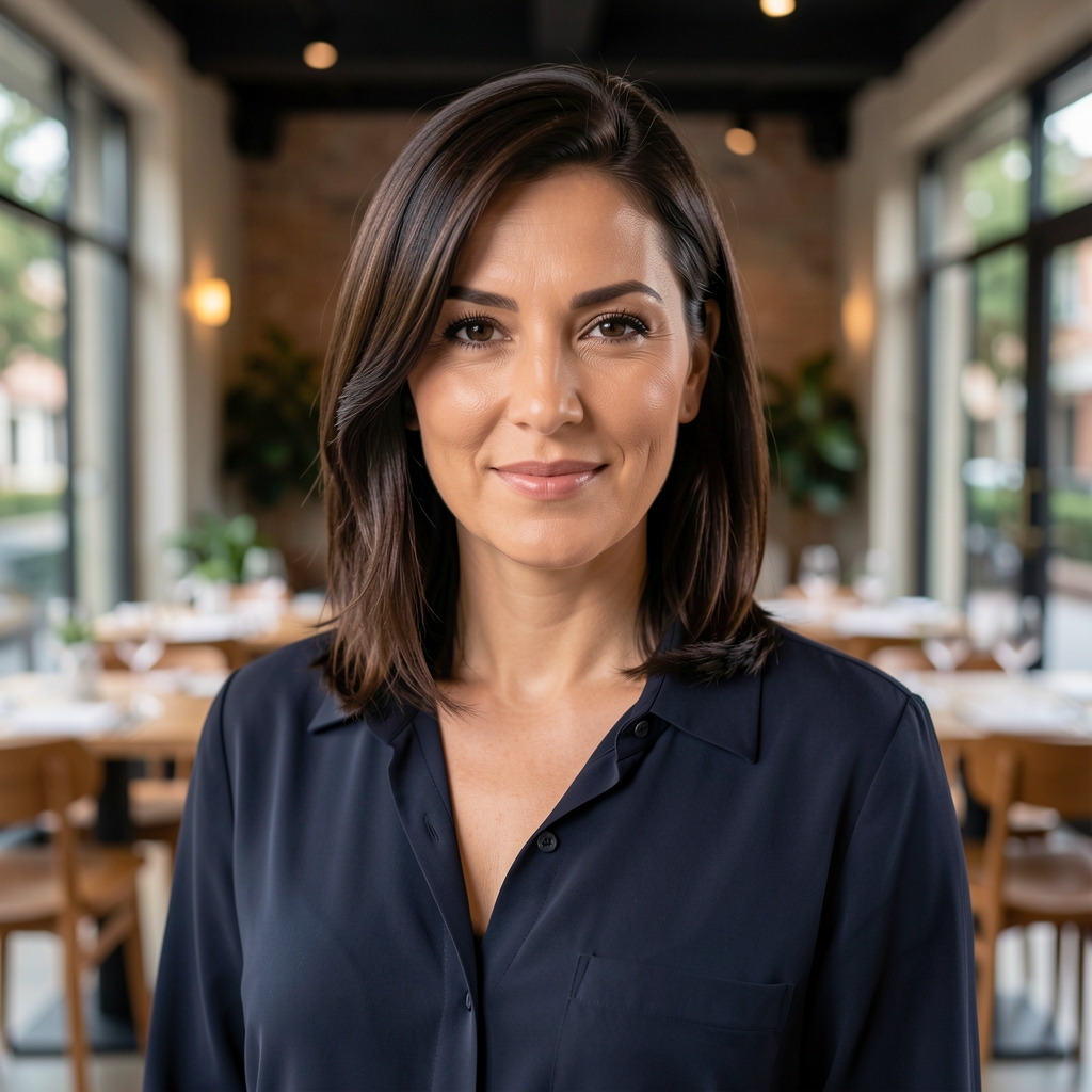 Menadžerica restorana Croatiopia u elegantnoj tamnoj bluzi, profesionalni portret u restoranu s modernim dekorom