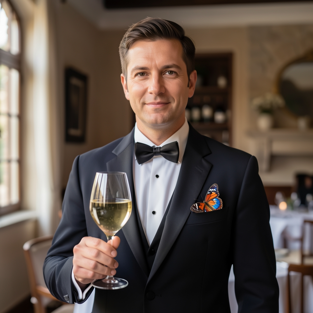 Sommelier restorana Croatiopia u tamnom odijelu s leptir-maštom, drži calice bijelog vina u elegantnoj prostoriji